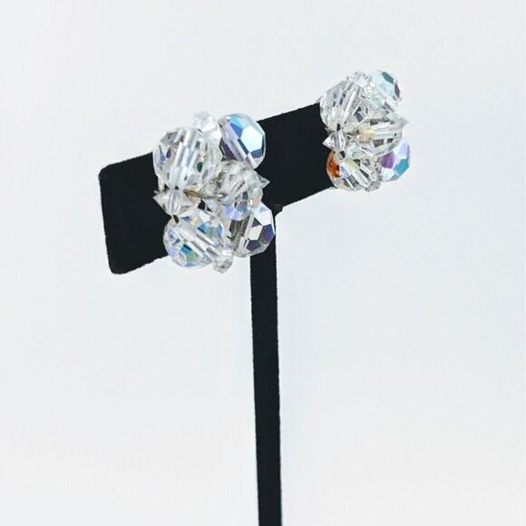 Vintage Aurora Borealis Beaded Clip On Earrings - Picture 2 of 10